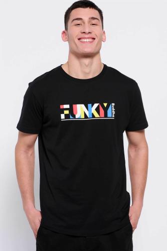 Funky Buddha ανδρικό βαμβακερό T-shirt μονόχρωμο με colorblocked logo print μπροστά - FBM007-024-04 Μαύρο XL